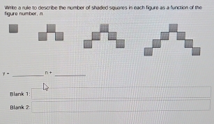 figure number, 71 Write a rule to describe the number of shaded squares in each figure as a function of the
y= _ n= _ 
Blank 1: □° □ 
Blank 2: □