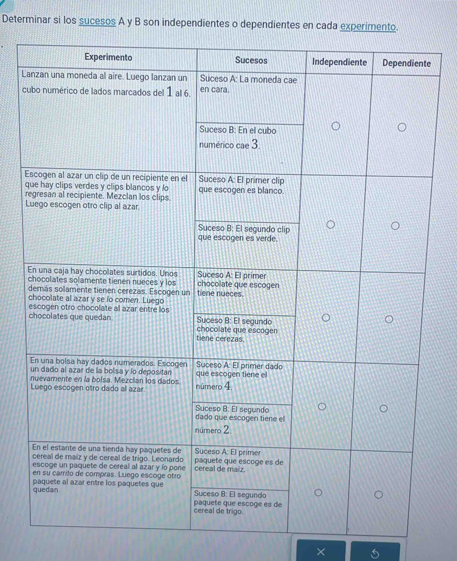 Determinar si los sucesos A y B son independientes o dependientes en cada experimento. 
e 
L 
c 
E
q
r 
L 
×