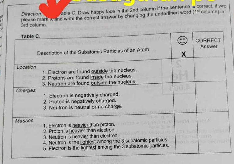 Direction able C. Draw happy face in the 2nd column if the sentence is correct, if wrc 
please mark x and write the correct answer by changing the underlined word (1^(st) column) in
3rd column.