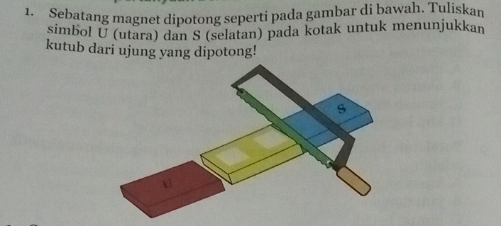 Sebatang magnet dipotong seperti pada gambar di bawah. Tuliskan 
simbol U (utara) dan S (selatan) pada kotak untuk menunjukkan 
kutub dari ujung yang dipotong!