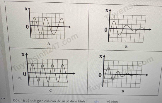 A 
.. Đồ thị lì độ-thời gian của con lắc sẽ có dạng hình sin và hình