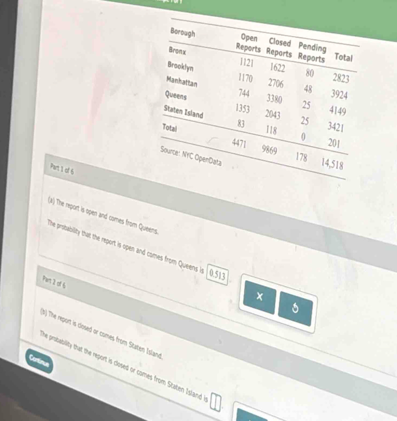 The report is open and comes from Queens 
he probability that the report is open and comes from Queens is 0.51? 
Part 2 of 6 
×
5
b) The report is closed or comes from Staten Island 
Continue 
he probability that the report is closed or comes from Staten Island