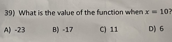 What is the value of the function when x=10
A) -23 B) -17 C) 11 D) 6