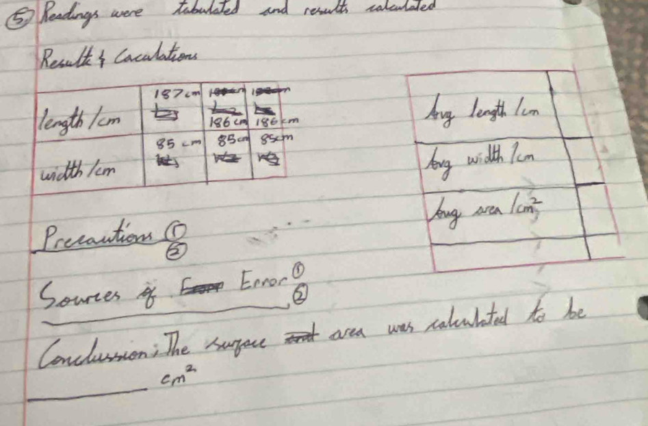 ⑤7 Headings were tabulated and results calculaed 
Result Caculations
187cm
length 1cm 186cm 186km Ang length lun
85cm 85cm 85cm
width km
kang width Tm 
Youg aen /cm^2
Precantions O 
E,norO 
Soues if 
Conclussion: The supoce area was caluhted to be 
_
cm^2