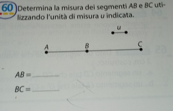 60 )Determina la misura dei segmenti AB e BC uti- 
lizzando l'unità di misura u indicata. 
u
A
B
C
_ AB=
_ BC=