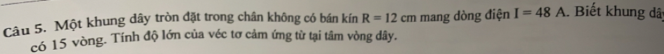 Một khung dây tròn đặt trong chân không có bán kín R=12cm mang dòng điện I=48A. Biết khung dâ 
có 15 vòng. Tính độ lớn của véc tơ cảm ứng từ tại tâm vòng dây.