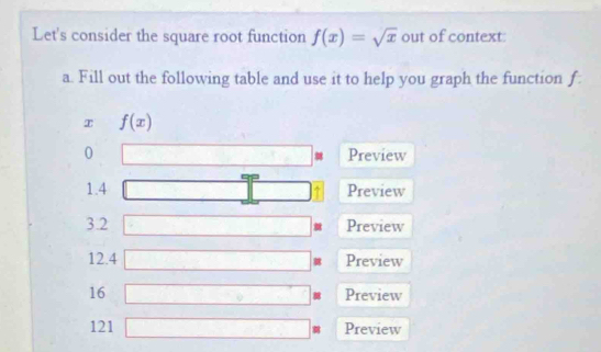 Let's consider the square root function f(x)=sqrt(x) out of context: 
a. Fill out the following table and use it to help you graph the function f
T f(x)
0 Preview
1.4 Preview
3.2 Preview
12.4 (□)^ Preview
16 □ overline r Preview
121 □ □ Preview