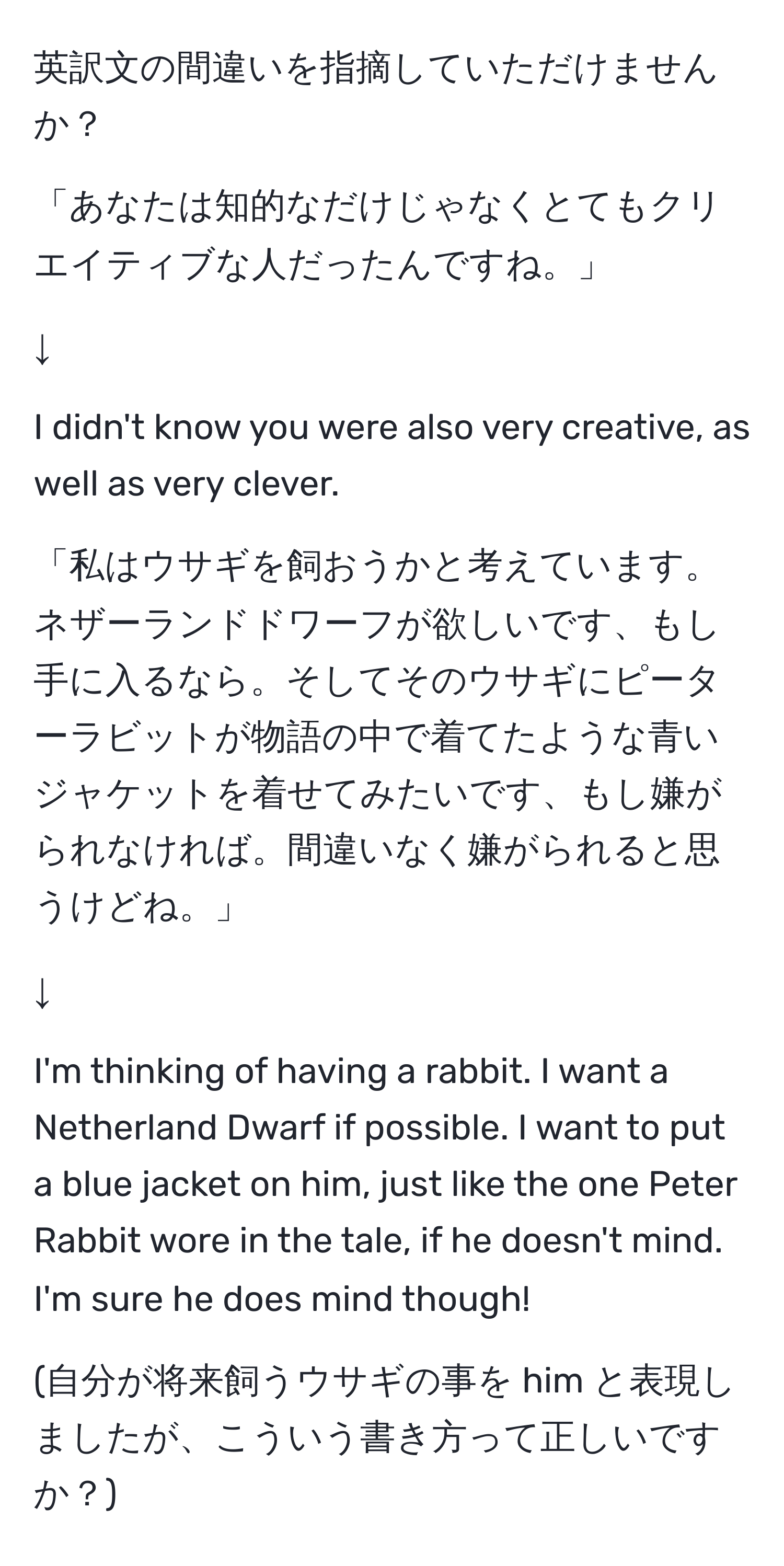 英訳文の間違いを指摘していただけませんか？

「あなたは知的なだけじゃなくとてもクリエイティブな人だったんですね。」

↓

I didn't know you were also very creative, as well as very clever.

「私はウサギを飼おうかと考えています。ネザーランドドワーフが欲しいです、もし手に入るなら。そしてそのウサギにピーターラビットが物語の中で着てたような青いジャケットを着せてみたいです、もし嫌がられなければ。間違いなく嫌がられると思うけどね。」

↓

I'm thinking of having a rabbit. I want a Netherland Dwarf if possible. I want to put a blue jacket on him, just like the one Peter Rabbit wore in the tale, if he doesn't mind. I'm sure he does mind though!

(自分が将来飼うウサギの事を him と表現しましたが、こういう書き方って正しいですか？)