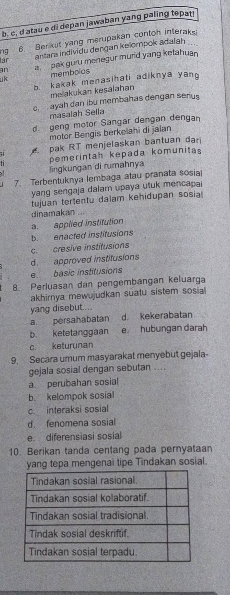 b, c, d atau e di depan jawaban yang paling tepat!
ng 6. Berikut yang merupakan contoh interaksi
ar antara individu dengan kelompok adalah ...
an a. pak guru menegur murid yang ketahuan
membolos
uk
b. kakak menasihati adiknya yang
melakukan kesalahan
c. ayah dan ibu membahas dengan serius
masalah Sella
d. geng motor Sangar dengan dengan
motor Bengis berkelahi di jalan
si pak RT menjelaskan bantuan dari
ti pemerintah kepada komunitas
、 lingkungan di rumahnya
7. Terbentuknya lembaga atau pranata sosial
yang sengaja dalam upaya utuk mencapai
tujuan tertentu dalam kehidupan sosial
dinamakan ...
a. applied institution
b. enacted institusions
c. cresive institusions
d. approved institusions
e. basic institusions
8. Perluasan dan pengembangan keluarga
akhirnya mewujudkan suatu sistem sosial
yang disebut....
a. persahabatan d. kekerabatan
b. ketetanggaan e hubungan darah
c. keturunan
9. Secara umum masyarakat menyebut gejala-
gejala sosial dengan sebutan ....
a. perubahan sosial
b. kelompok sosial
c. interaksi sosial
d. fenomena sosial
e. diferensiasi sosial
10. Berikan tanda centang pada pernyataan
yang tepa mengenai tipe Tindakan sosial.