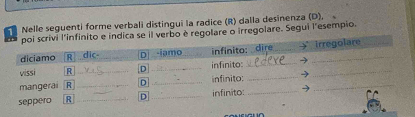 Nelle seguenti forme verbali distingui la radice (R) dalla desinenza (D), 
rbo è regolare o irregolare. Segui l'esempio.