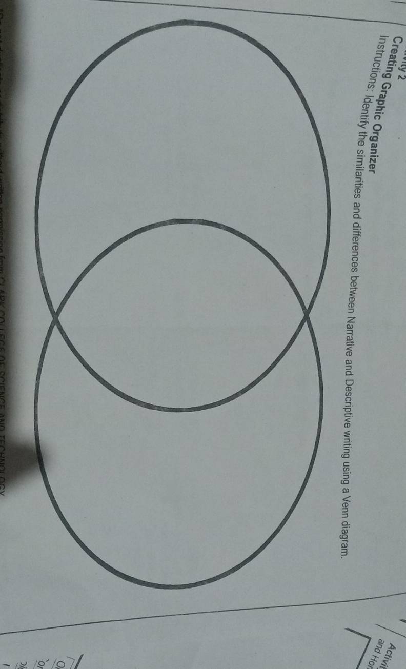 Activi 
Creating Graphic Organizer 
and Hor 
Instructions: Identify the similarities and differences between Narrative and Descriptive writing using a Venn diagram. 
`o 
1