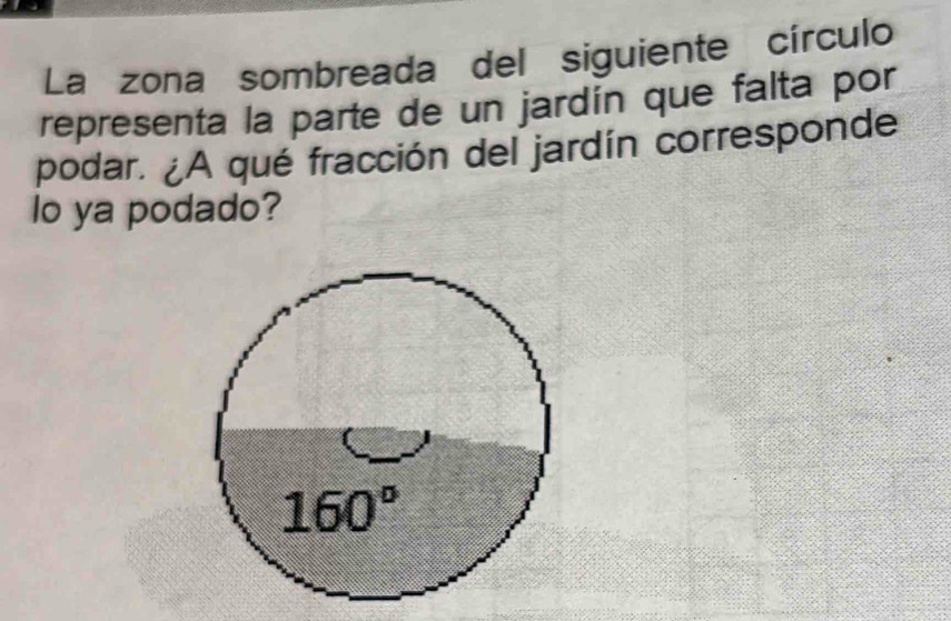 La zona sombreada del siguiente círculo
representa la parte de un jardín que falta por
podar. ¿A qué fracción del jardín corresponde
lo ya podado?