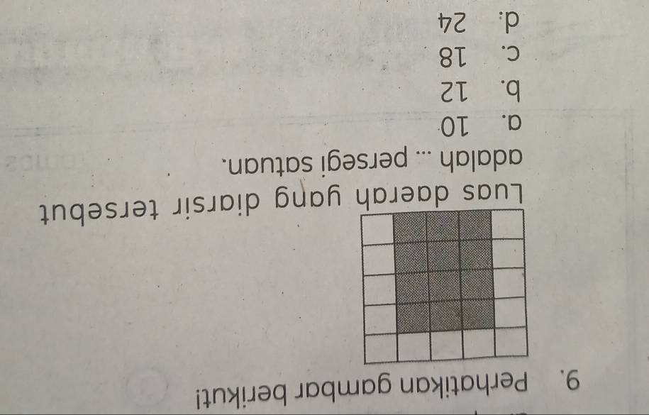 Perhatikan gambar berikut!
Luas daerah yang diarsir tersebut
adalah ... persegi satuan.
a. 10
b. 12
c. 18
d: 24