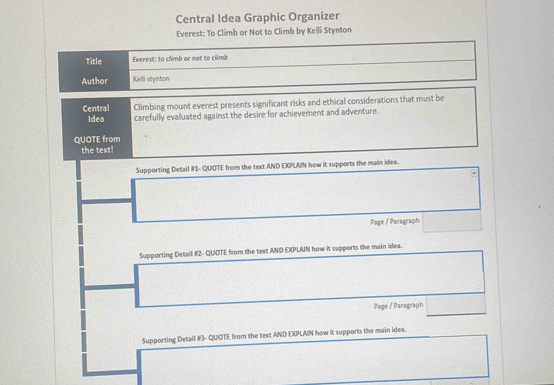 Central Idea Graphic Organizer