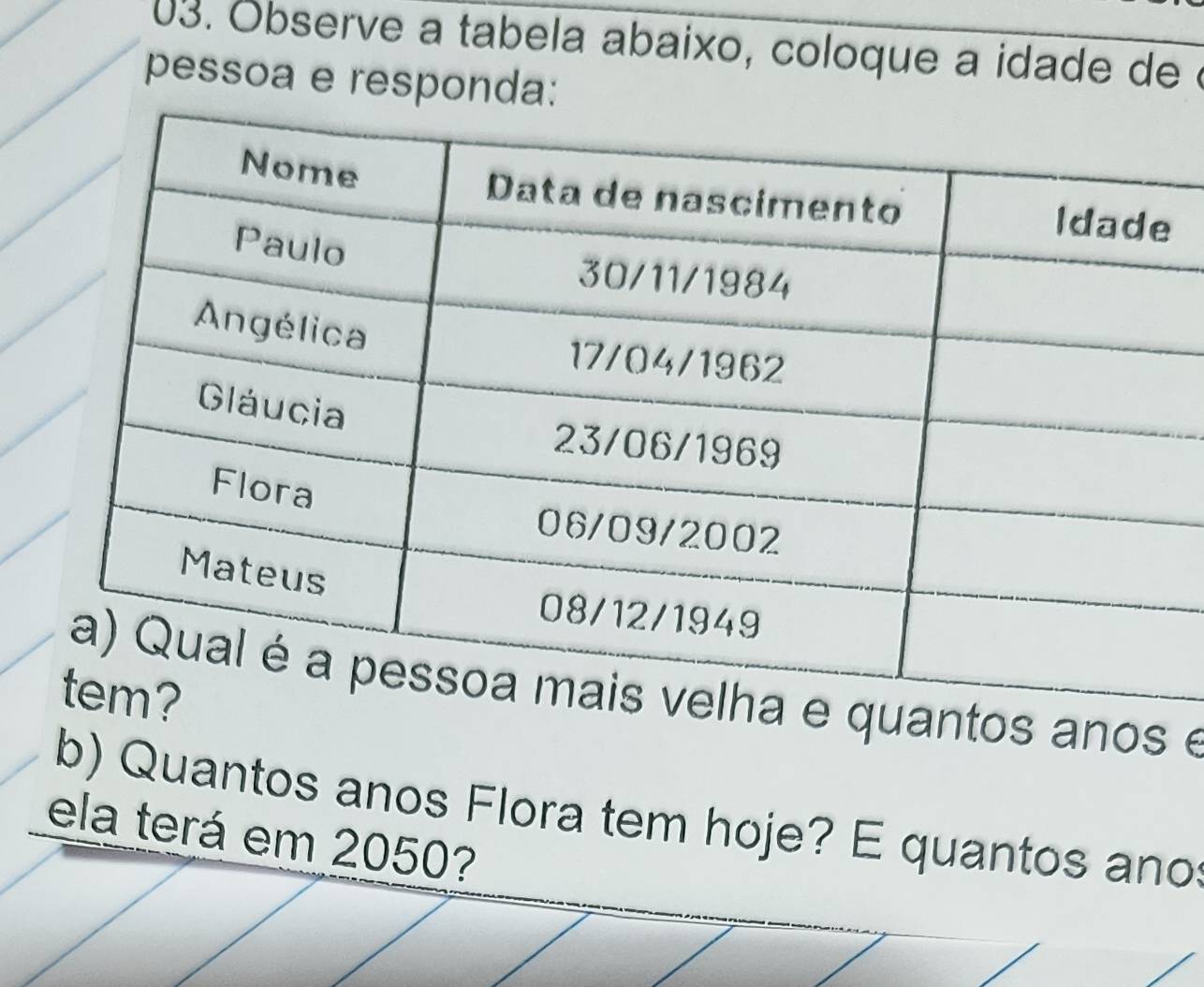 Observe a tabela abaixo, coloque a idade deé 
pessoa e responda: 
e 
b) Quantos anos Flora tem hoje? E quantos ano 
ela terá em 2050?