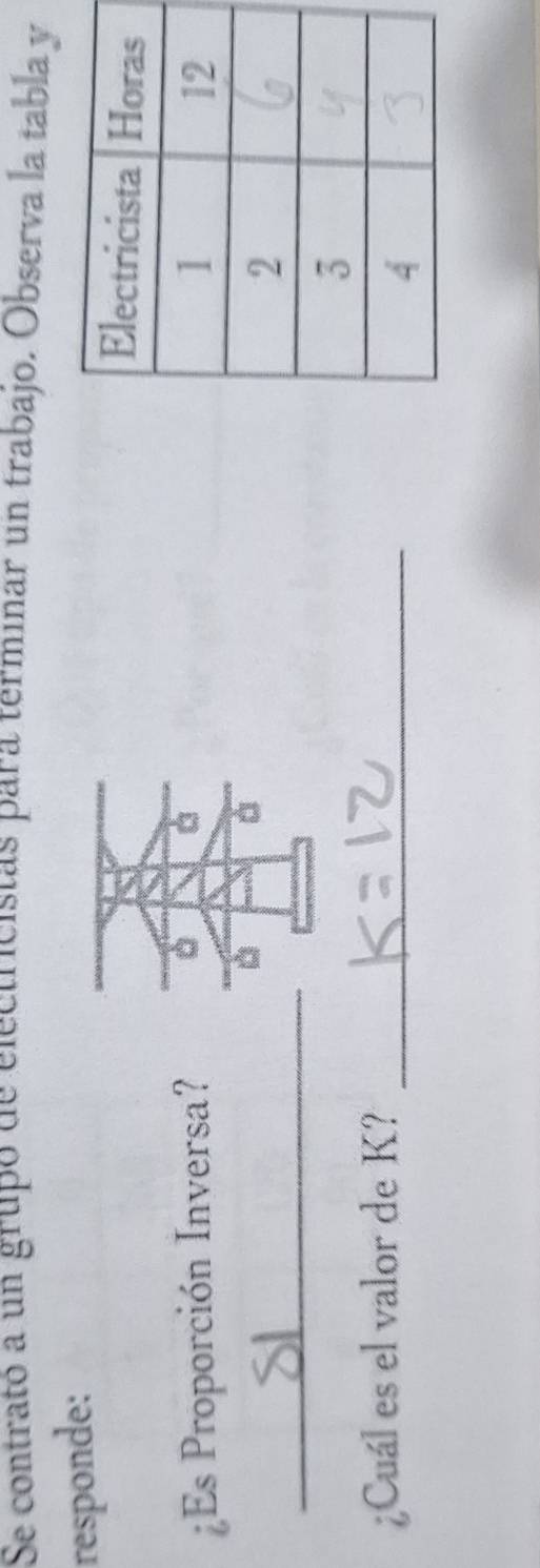 Se contrató a un grupo de electricistas para terminar un trabajo. Observa la tabla y 
responde: 
¿Es Proporción Inversa? 
D 
à 
_ 
¿Cuál es el valor de K?_