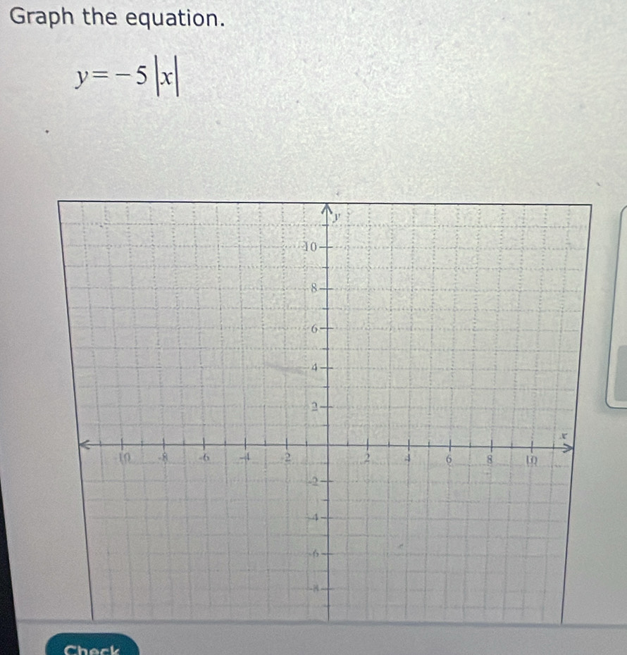 Graph the equation.
y=-5|x|
theck