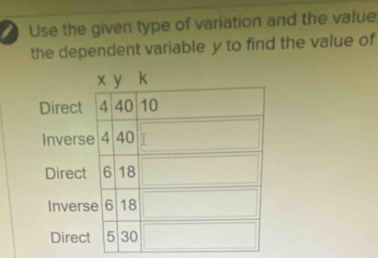 Use the given type of variation and the value
the dependent variable y to find the value of
Dire
Inve
Dire
Inve
Dir