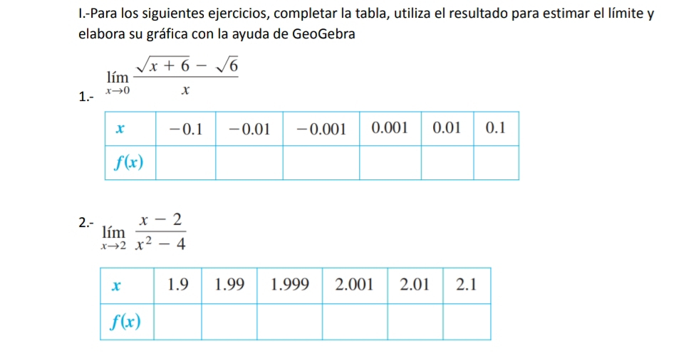 Para los siguientes ejercicios, completar la tabla, utiliza el resultado para estimar el límite y
elabora su gráfica con la ayuda de GeoGebra
1.-
limlimits _xto 0 (sqrt(x+6)-sqrt(6))/x 
2.- limlimits _xto 2 (x-2)/x^2-4 