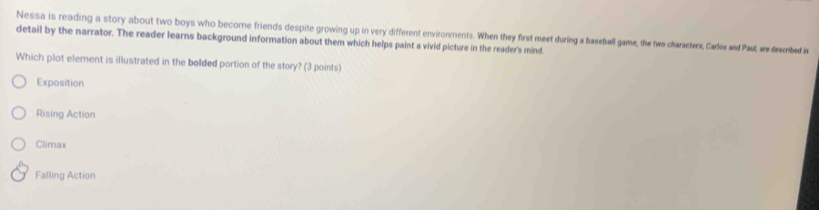 Nessa is reading a story about two boys who becorne friends despite growing up in very different environments. When they first meet during a baseball game, the two characterx, Carlos and Paul, are described i
detail by the narrator. The reader learns background information about them which helps paint a vivid picture in the reader's mind.
Which plot element is illustrated in the bolded portion of the story? (3 points)
Exposition
Rising Action
Climax
Falling Action