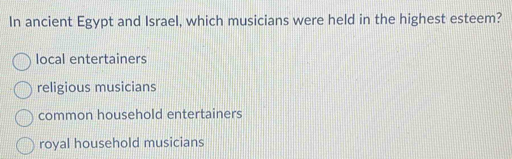 In ancient Egypt and Israel, which musicians were held in the highest esteem?
local entertainers
religious musicians
common household entertainers
royal household musicians