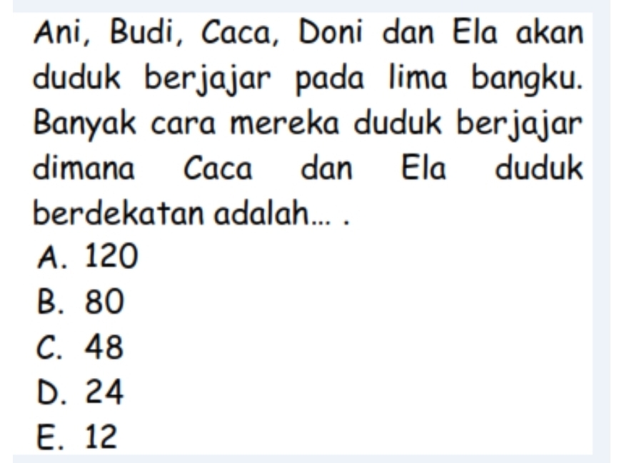 Ani, Budi, Caca, Doni dan Ela akan
duduk berjajar pada lima bangku.
Banyak cara mereka duduk berjajar
dimana Caca dan Ela duduk
berdekatan adalah... .
A. 120
B. 80
C. 48
D. 24
E. 12