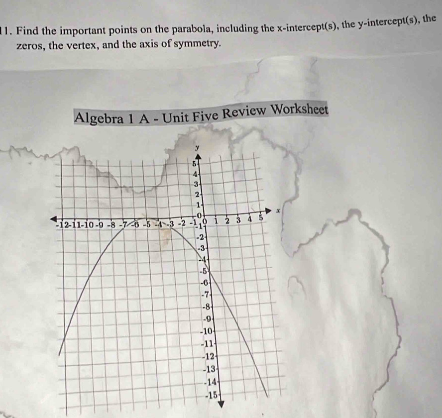 Find the important points on the parabola, including the x-intercept(s), the y-intercept(s), the 
zeros, the vertex, and the axis of symmetry. 
Algebra 1 A - Unit Five Review Worksheet