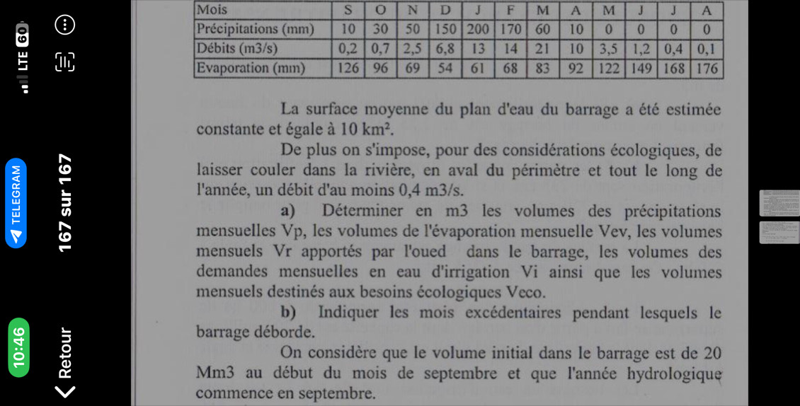 an 
La surface moyenne du plan d'eau du barrage a été estimée 
constante et égale à 10km^2. 
De plus on s'impose, pour des considérations écologiques, de 

laisser couler dans la rivière, en aval du périmètre et tout le long de 
l'année, un débit d'au moins 0,4 m3/s. 
a) Déterminer en m3 les volumes des précipitations 
mensuelles Vp, les volumes de l'évaporation mensuelle Vev, les volumes 
mensuels Vr apportés par l'oued dans le barrage, les volumes des 
demandes mensuelles en eau d'irrigation Vi ainsi que les volumes 
mensuels destinés aux besoins écologiques Veco. 
b) Indiquer les mois excédentaires pendant lesquels le 
barrage déborde. 
On considère que le volume initial dans le barrage est de 20
Mm3 au début du mois de septembre et que l'année hydrologique 
commence en septembre.