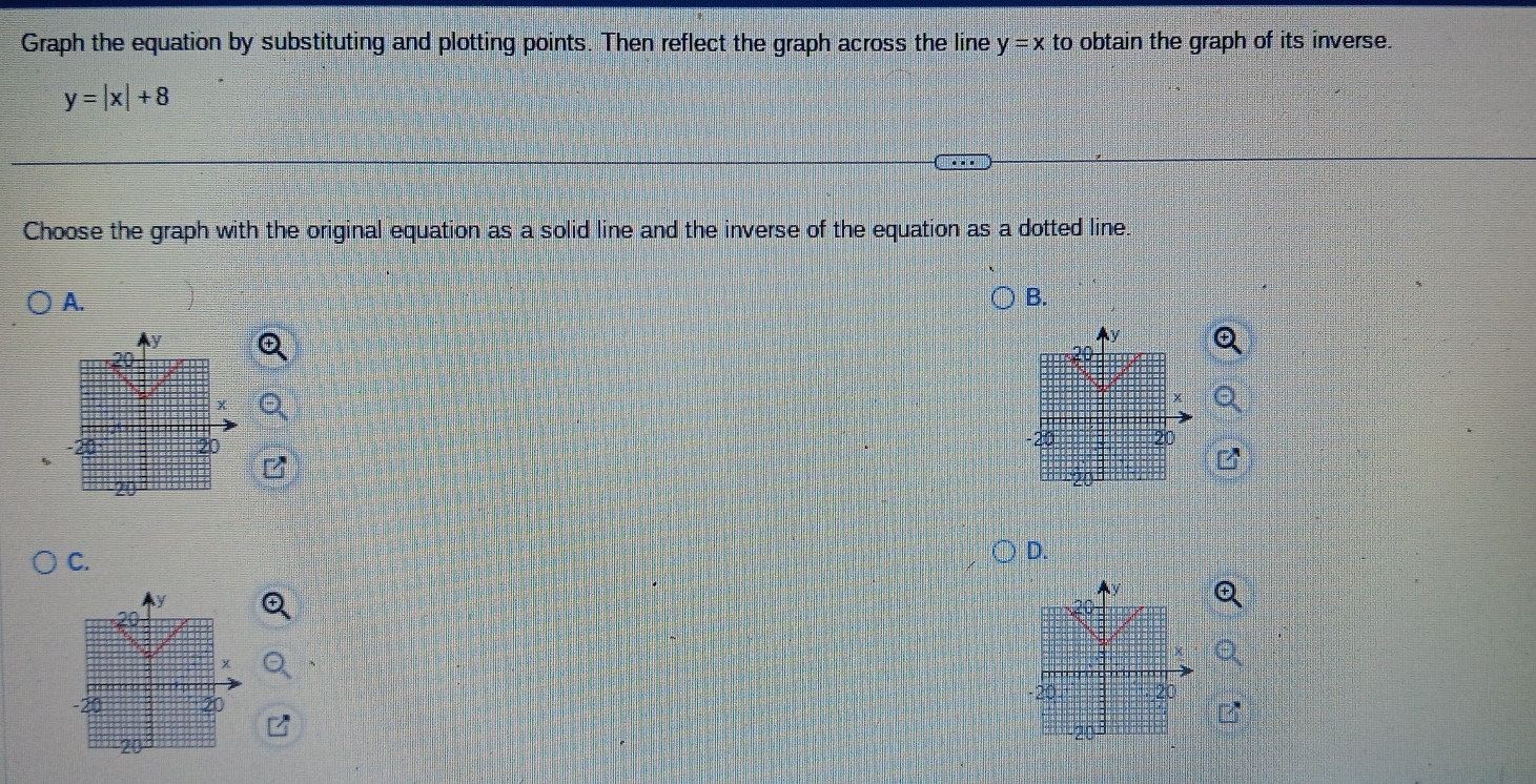 Graph the equation by substituting and plotting points. Then reflect the graph across the line y=x to obtain the graph of its inverse.
y=|x|+8
Choose the graph with the original equation as a solid line and the inverse of the equation as a dotted line
A.
B.
C.
D.