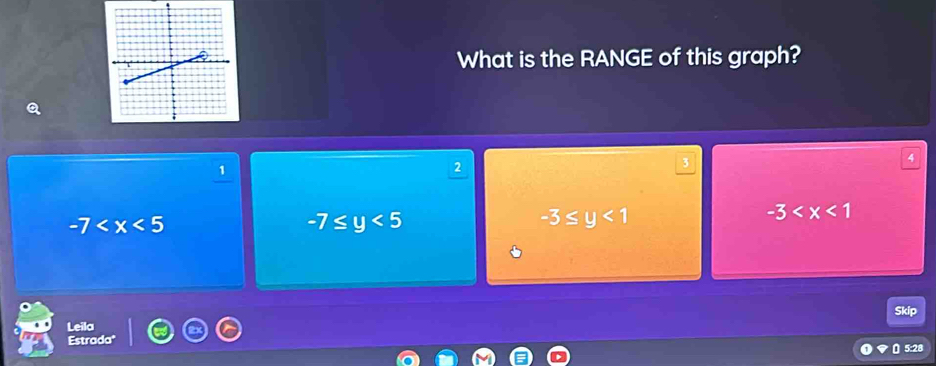 What is the RANGE of this graph?
Q
3
4
1
2
-3
-7
-7≤ y<5</tex>
-3≤ y<1</tex> 
Skip
Leila
Estrada* 420