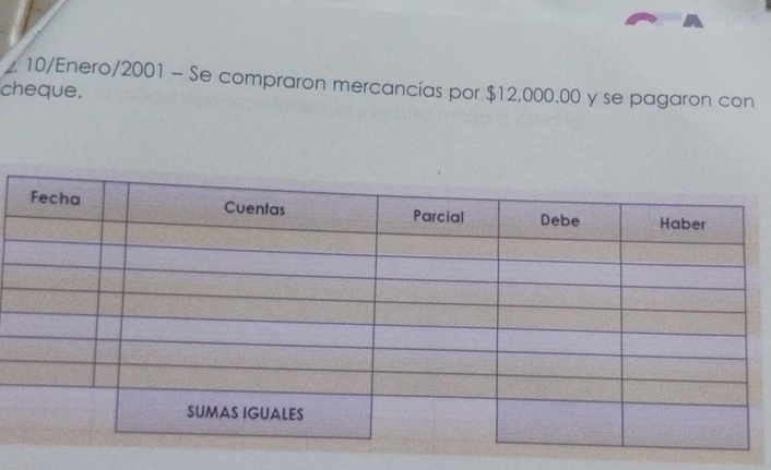 10/Enero/2001 - Se compraron mercancías por $12,000.00 y se pagaron con 
cheque.