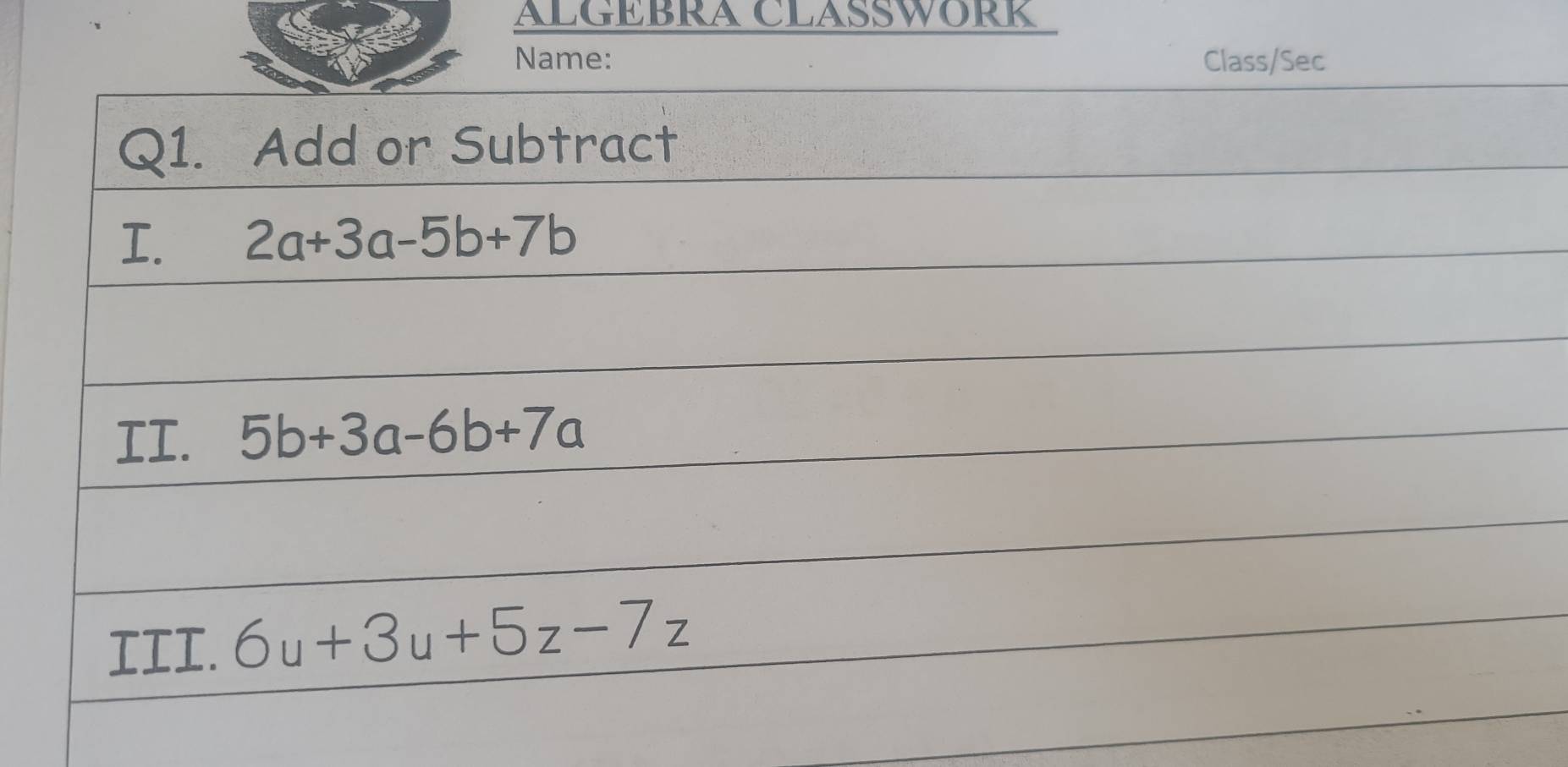 ALGEBRA CLASSWORK