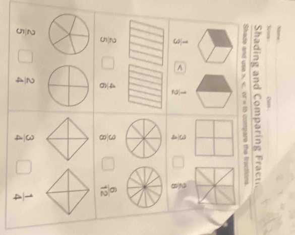 Score Gam 
Shading and Comparing Fracti
Shade and use ». «. or « to compare the fractiona.
 1/3   1/2   3/4   2/8 
 2/5   4/6   3/8   6/12 
 2/5   2/4   3/4   1/4 