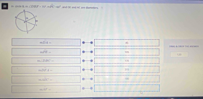 in circle B, m∠ DBF=75°, mwidehat FC=60° , and DE and AC are diameters.
mwidehat DA=
45
DRAG & DROP THE ANSWER
mwidehat FE= 105 120
m∠ DBC= 135
mDoverline FA= 315
mwidehat AEC= (1,1) 180
moverline AF= □  □ 