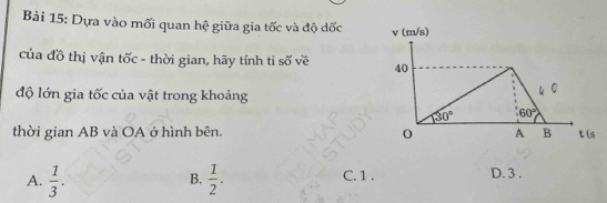 Dựa vào mối quan hệ giữa gia tốc và độ dốc 
của đồ thị vận tốc - thời gian, hãy tính ti số về 
độ lớn gia tốc của vật trong khoảng
thời gian AB và OA ở hình bên.
A.  1/3 .  1/2 . C. 1 . D. 3 .
B.