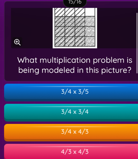 15/16
What multiplication problem is
being modeled in this picture?
3/4* 3/5
3/4* 3/4
3/4* 4/3
4/3* 4/3