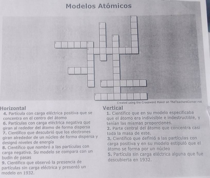 Modelos Atómicos
Created using the Crossword
Horizontal Vertical
4. Partícula con carga eléctrica positiva que se 1. Científico que en su modelo especificaba
concentra en el centro del átomo que el átomo era indivisible e indestructible, y
6. Partículas con carga eléctrica negativa que tenían las mismas proporciones.
giran al rededor del átomo de forma dispersa 2. Parte central del átomo que concentra casi
7. Científico que descubrió que los electrones toda la masa de este.
giran alrededor de un núcleo de forma dispersa y 3. Científico que definió a las partículas con
designó niveles de energía
8. Científico que nombró a las partículas con carga positiva y en su modelo estipuló que el
átomo se forma por un núcleo
carga negativa. Su modelo se compara con un 5. Partícula sin carga eléctrica alguna que fue
budín de pasas
9. Científico que observó la presencia de descubierta en 1932.
partículas sin carga eléctrica y presentó un
modelo en 1932.