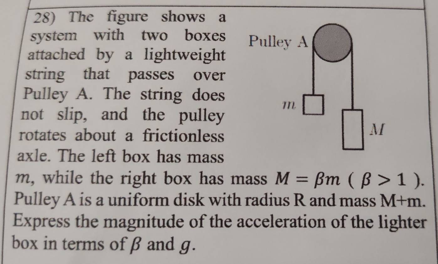 The figure shows a 
system with two boxes 
attached by a lightweight 
string that passes over 
Pulley A. The string does 
not slip, and the pulley 
rotates about a frictionless 
axle. The left box has mass
m, while the right box has mass M=beta m(beta >1). 
Pulley A is a uniform disk with radius R and mass M+m. 
Express the magnitude of the acceleration of the lighter 
box in terms of β and g.