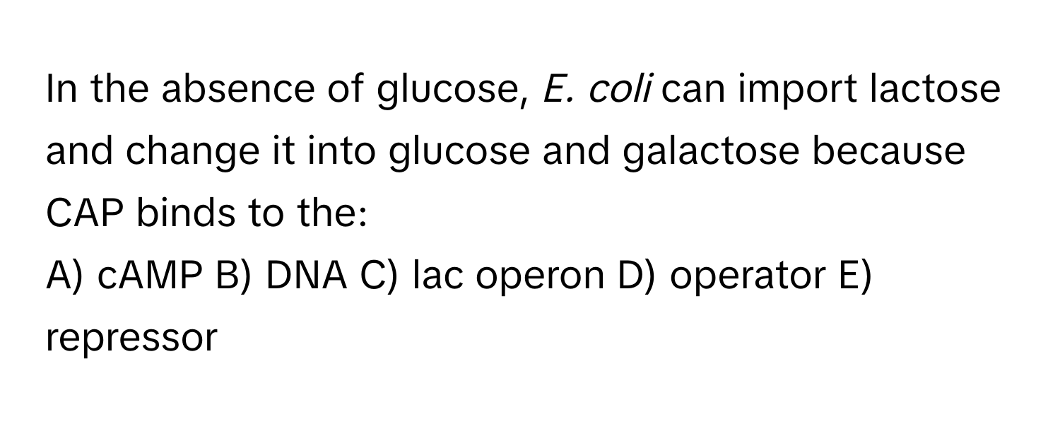 In the absence of glucose, *E. coli* can import lactose and change it into glucose and galactose because CAP binds to the:

A) cAMP  B) DNA  C) lac operon  D) operator  E) repressor