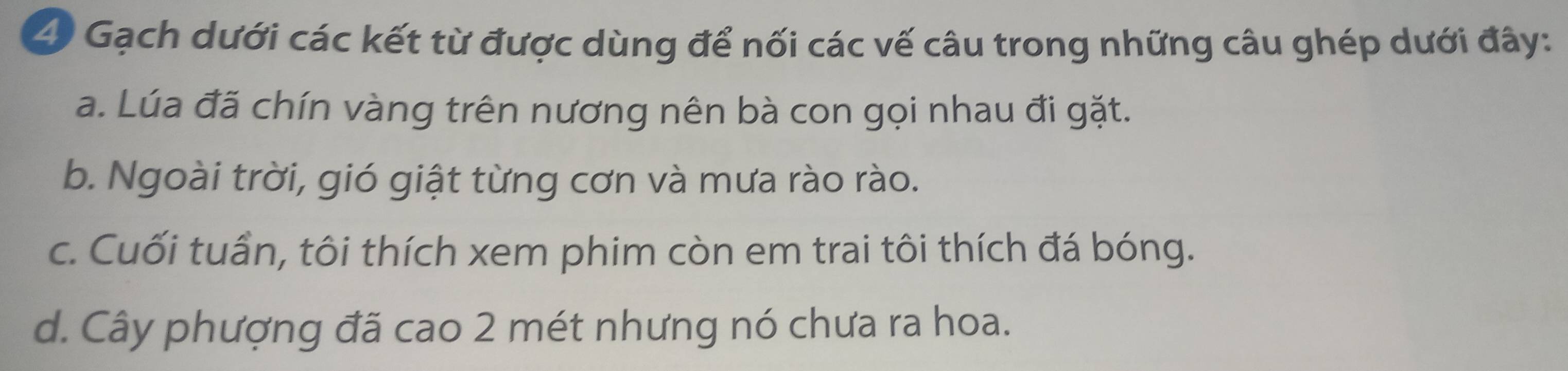 Gạch dưới các kết từ được dùng để nối các vế câu trong những câu ghép dưới đây:
a. Lúa đã chín vàng trên nương nên bà con gọi nhau đi gặt.
b. Ngoài trời, gió giật từng cơn và mưa rào rào.
c. Cuối tuần, tôi thích xem phim còn em trai tôi thích đá bóng.
d. Cây phượng đã cao 2 mét nhưng nó chưa ra hoa.