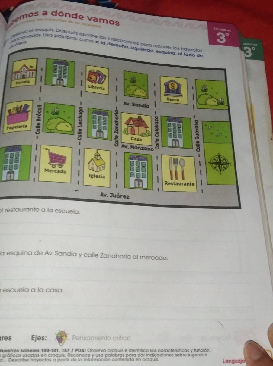 eos a dónde vamos 

Escolares 
eeva el craquis. Después escribe las indicacione 
cionados. Usa polabras como a la derecha, izquierda, esquina, al tado de 
P 
el restaurante a la escuela. 
_ 
_ 
_ 
la esquina de Av. Sandía y calle Zanahoria al mercado. 
_ 
_ 
_ 
escuela a la casa. 
_ 
_ 
_ 
_ 
res Ejes: Pensamiento crítico 
Nuestros saberes 100- 101, 157 / PDA: Observa croquis e identifica sus características y función. 
a gráficas usadas en croquis. Reconoce y usa palabras para dar indicaciones sobre lugares o 
a.. Describe trayectos a partir de la información contenida en croquis. Lenguaje