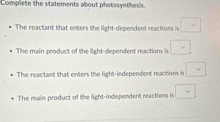 Complete the statements about photosynthesis.
The reactant that enters the light-dependent reactions is □.
The main product of the light-dependent reactions is □.
The reactant that enters the light-independent reactions is □.
The main product of the light-independent reactions is □.