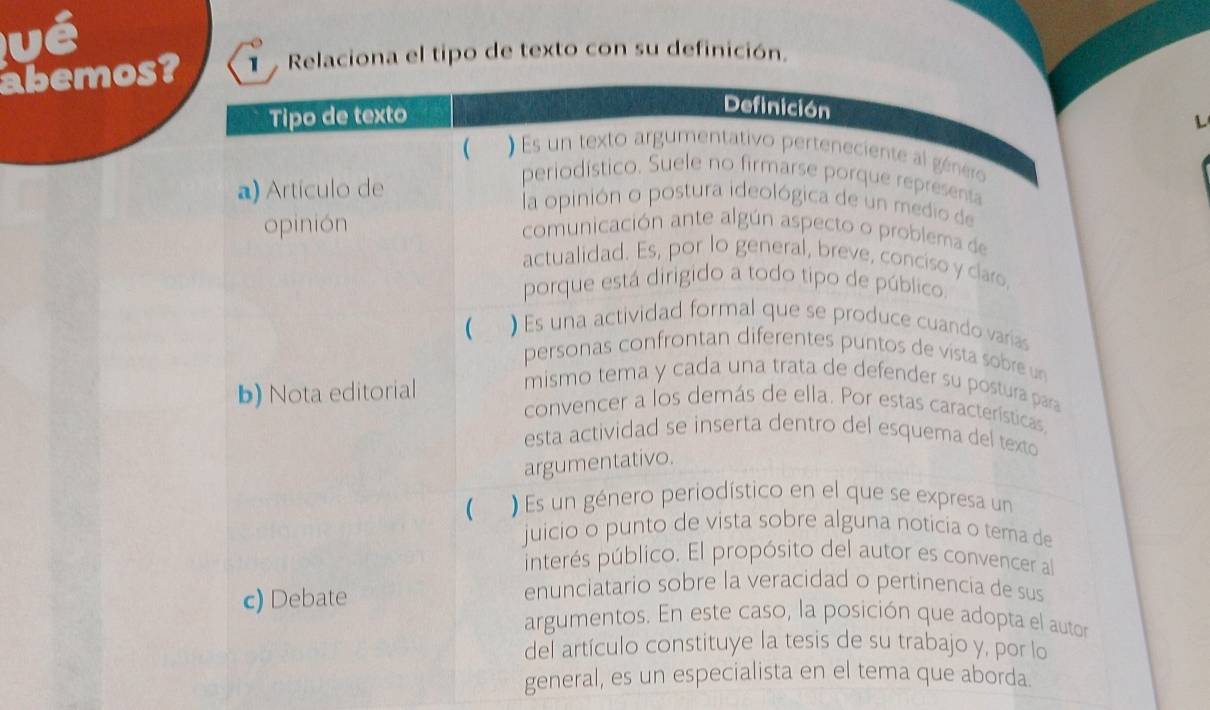 Qué 
abemos?aciona el tipo de texto con su definición. 
L 
general, es un espe aborda