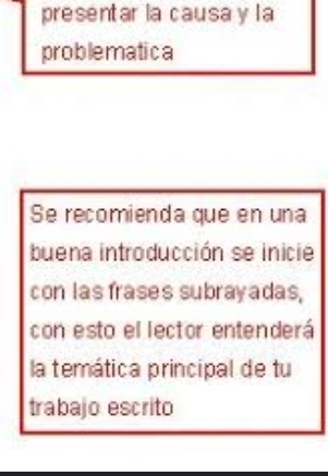 presentar la causa y la 
problematica 
Se recomienda que en una 
buena introducción se inicie 
con las frases subrayadas, 
con esto el lector entenderá 
la temática principal de tu 
trabajo escrito