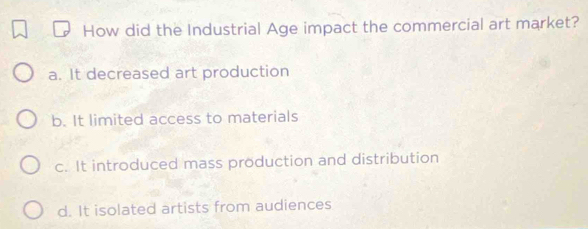 Solved: How did the Industrial Age impact the commercial art market? a ...