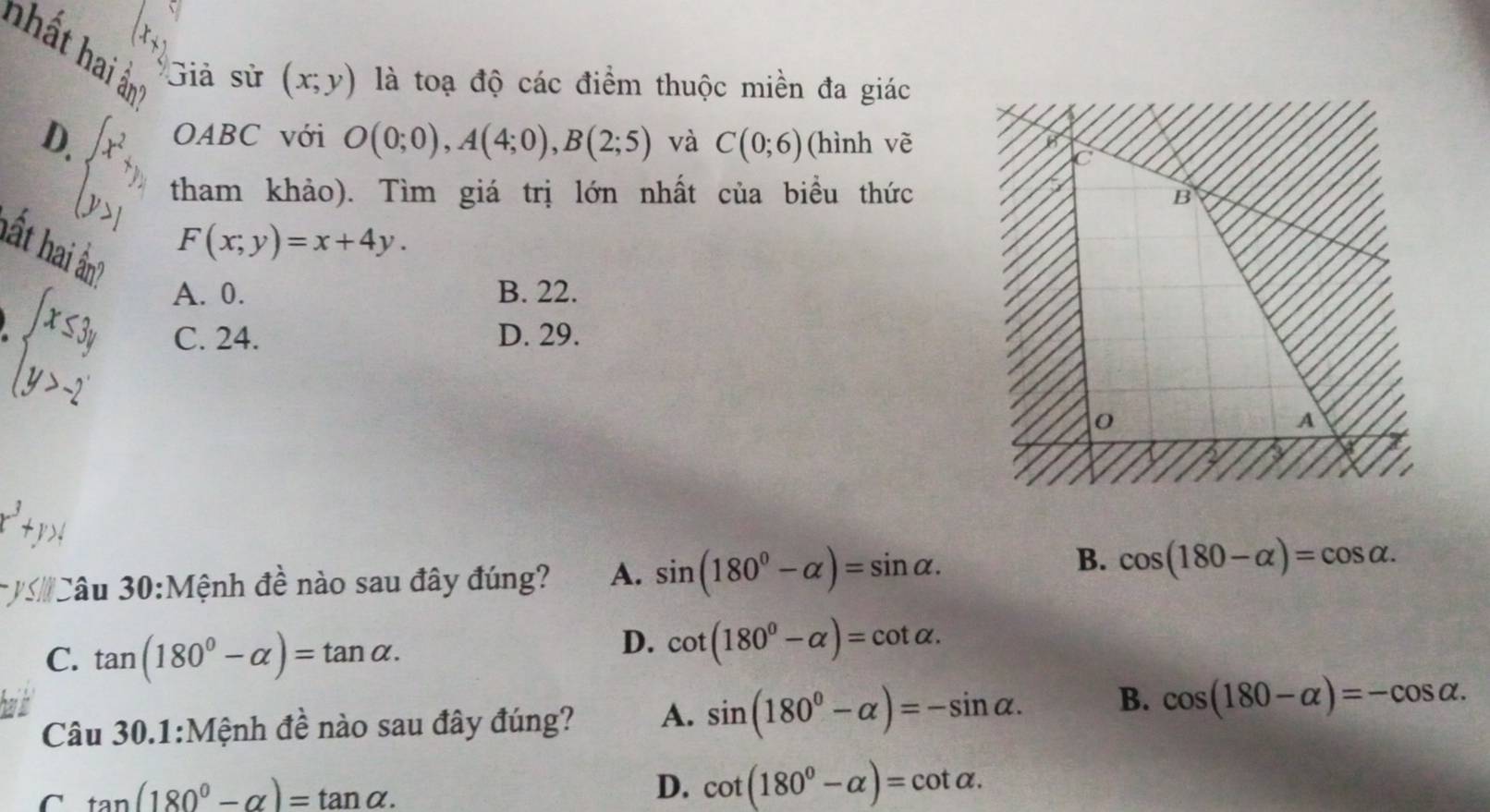 nất hai ần
Giả sử (x;y) là toạ độ các điểm thuộc miền đa giác
D. OABC với O(0;0), A(4;0), B(2;5) và C(0;6) (hình vẽ
beginarrayl x^2+y, y>1endarray. tham khảo). Tìm giá trị lớn nhất của biểu thức
ất hai ần
F(x;y)=x+4y.
A. 0. B. 22.
beginarrayl x≤ 3y y>-2endarray. C. 24. D. 29.

r^3+y>4
B.
* Câu 30:Mệnh đề nào sau đây đúng? A. sin (180^0-alpha )=sin alpha. cos (180-alpha )=cos alpha.
C. tan (180°-alpha )=tan alpha.
D. cot (180^0-alpha )=cot alpha. 
Câu 30.1:Mệnh đề nào sau đây đúng? A. sin (180^0-alpha )=-sin alpha. B. cos (180-alpha )=-cos alpha.
C tan (180°-alpha )=tan alpha.
D. cot (180^0-alpha )=cot alpha.