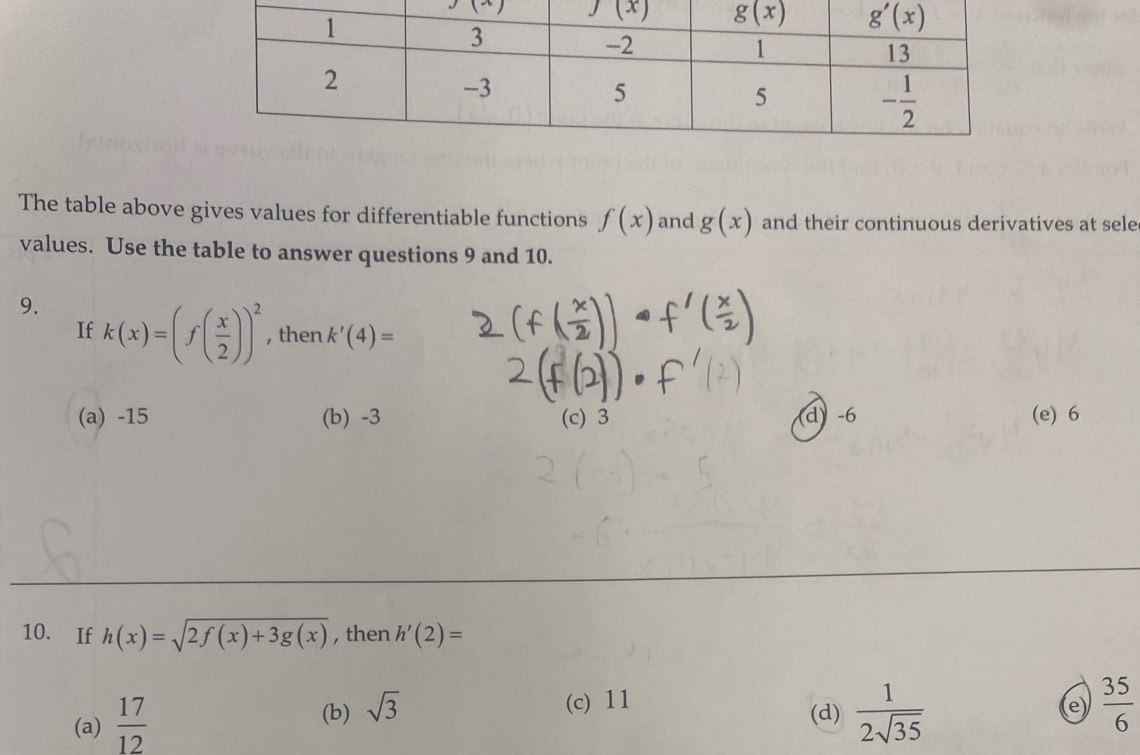 The table above gives values for differentiable functions f(x) and g(x) and their continuous derivatives at sele
values. Use the table to answer questions 9 and 10.
9. k(x)=(f( x/2 ))^2 , then k'(4)=
If
(a) -15 (b) -3 (c) 3 d) -6 (e) 6
10. If h(x)=sqrt(2f(x)+3g(x)) , then h'(2)=
(a)  17/12 
(b) sqrt(3)
(c) 11
(d)  1/2sqrt(35)   35/6 
(e)