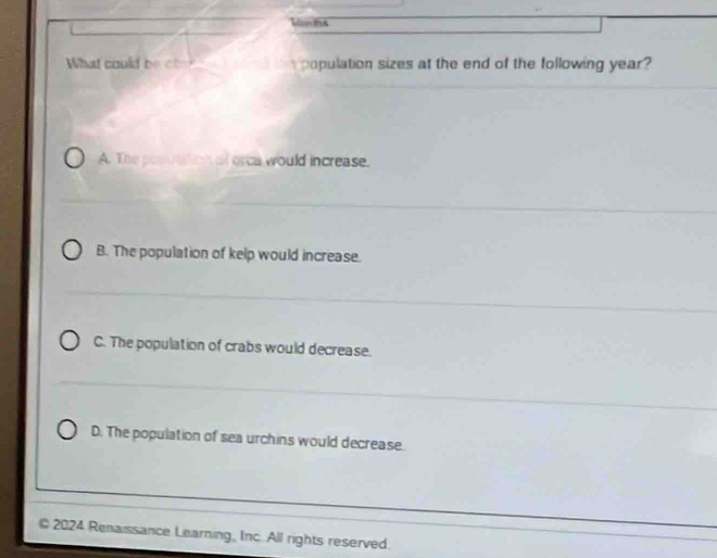 bon1s
What could be ohk s population sizes at the end of the following year?
A. The par of orca would increase.
B. The population of kelp would increase.
C. The population of crabs would decrease.
D. The population of sea urchins would decrease.
2024 Renaissance Learning, Inc. All rights reserved.