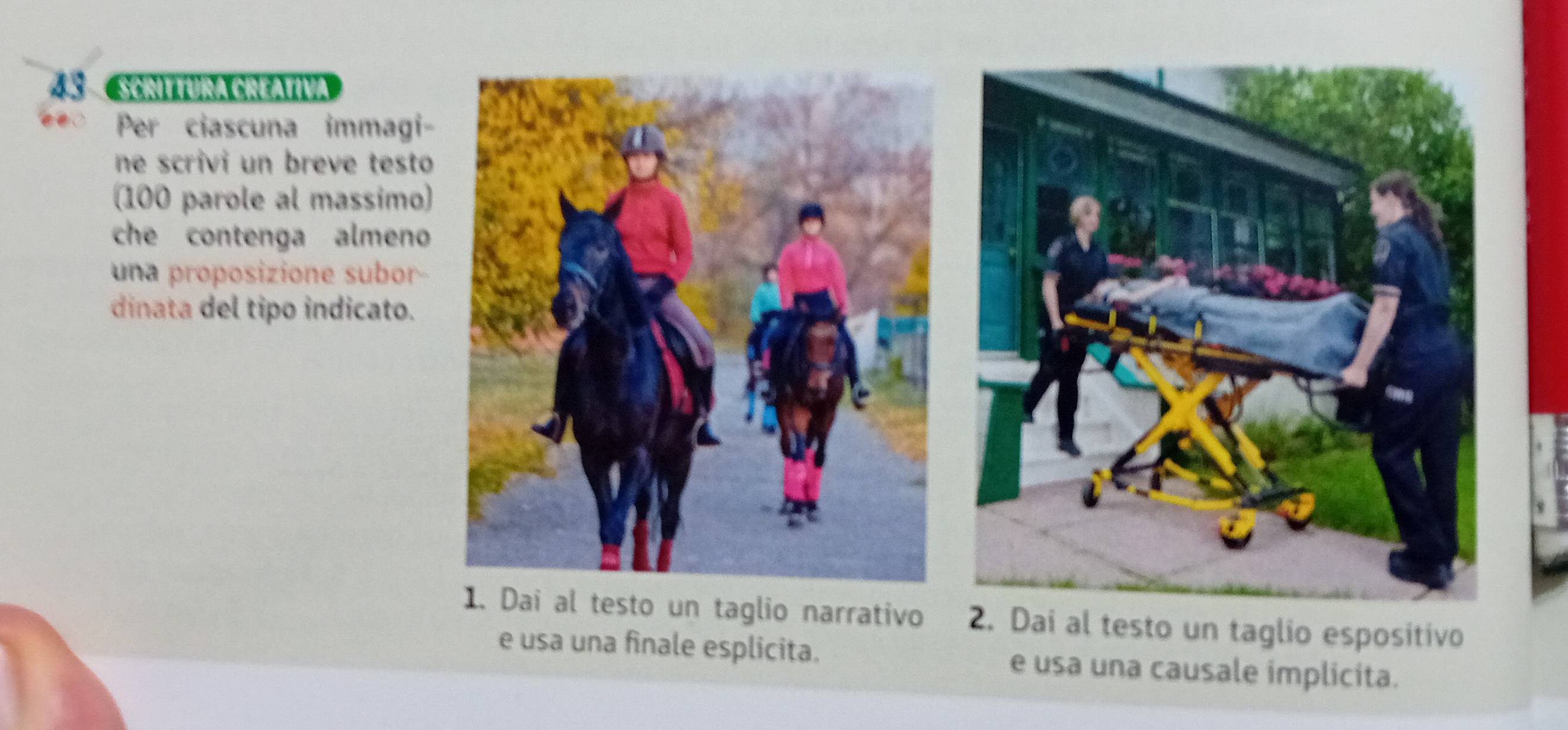 4 3 SCMTTURa CREAtiva 
Per ciascuna immagi- 
ne scrivi un breve testo 
(100 parole al massimo) 
che contenga almeno 
una proposizione subor- 
dinata del tipo indicato. 
1. Dai al testo un taglio narrativo 2. Dai al testo un taglio espositivo 
e usa una finale esplicita. e usa una causale implicita.