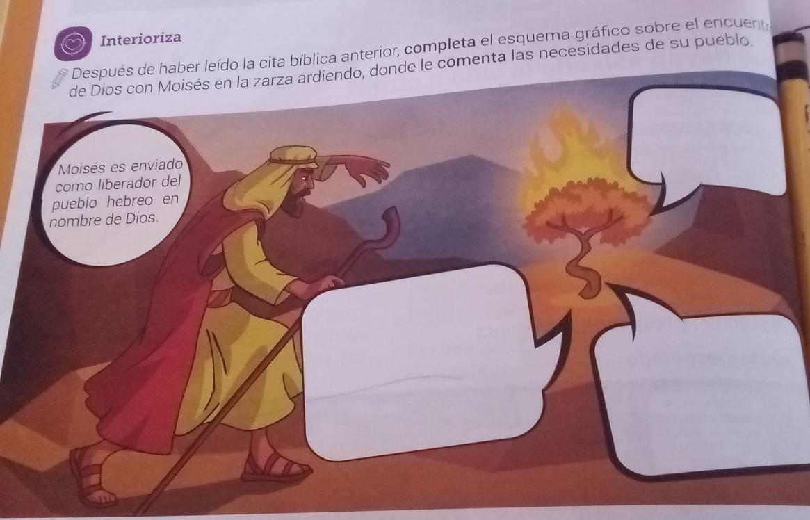 Interioriza 
aber leído la cita bíblica anterior, completa el esquema gráfico sobre el encuent 
de le comenta las necesidades de su pueblo